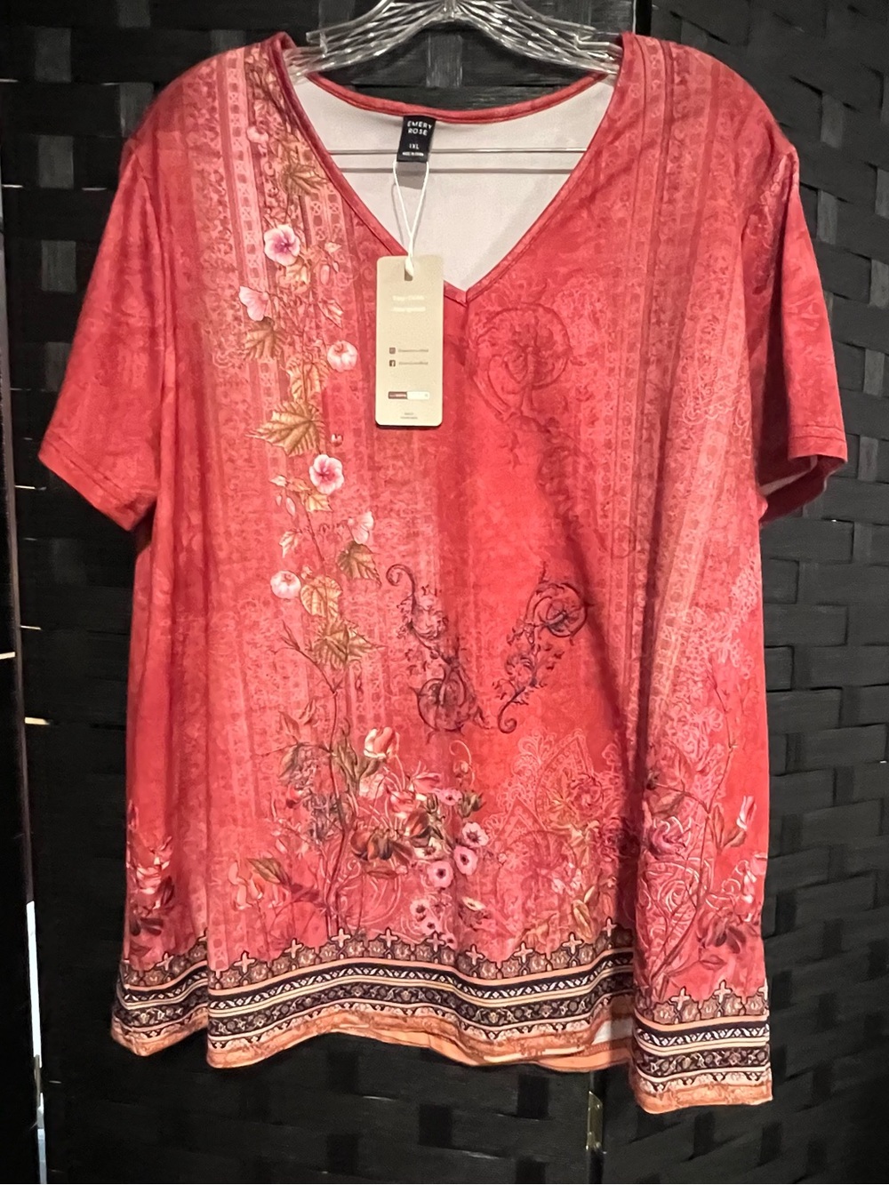 SHEIN Coral Orange and Coral Floral V-Neck Short Sleeve Blouse